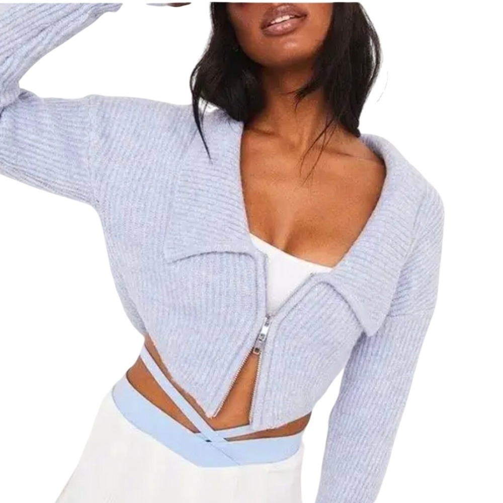 For Love & Lemons Ashley Womens Cardigan Sweater Long Sleeve Full Zip Blue Gray